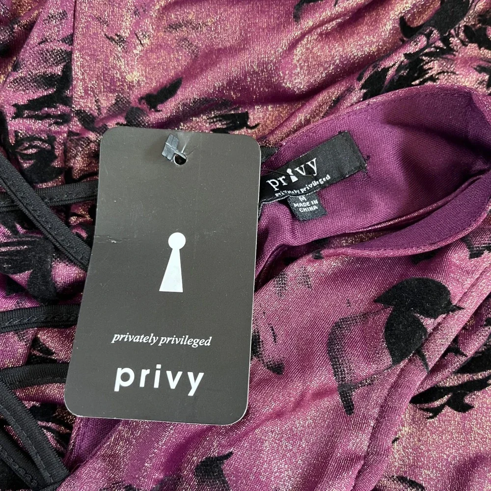Privy Bodycon Dress Womens Medium Plum Metallic Floral Velvet Lace Up PD4380 NEW